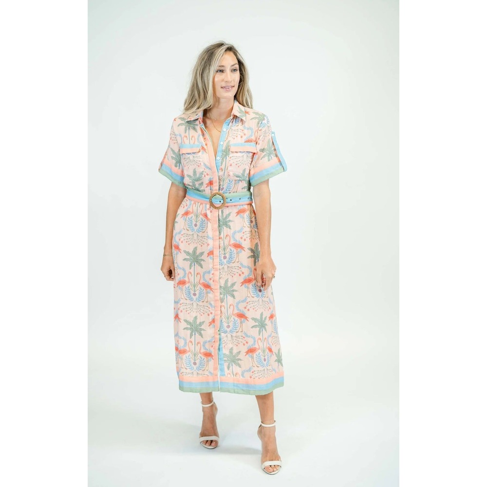 Marigold Shirt Dress Women Large Peach Flamingo Palm Tree Resort Midi Dress